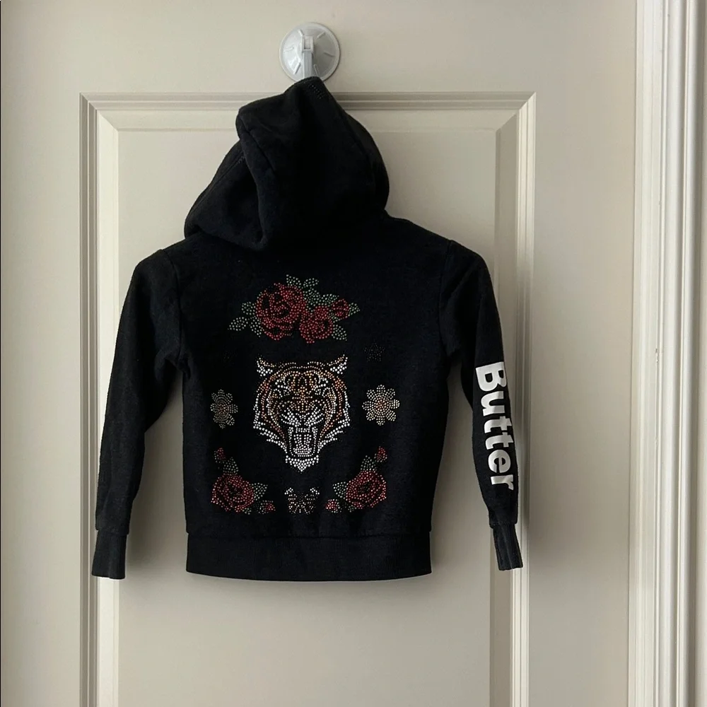 BUTTER ZipUp BLING Hoodie bejeweled Tiger,Rose& FIERCE hood/BUTTER sleeve size 4